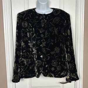 Jones New York Vintage Black Gold Silk Velvet Floral Burnout Jacket Size 16